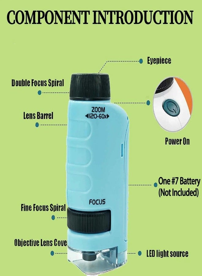 مجهر جيب صغير للأطفال من دوهيسين، بتكبير من 60x إلى 120x، مجهر محمول للأطفال من ميني لابسترز، مجهر يدوي للتجارب العلمية للأطفال (أزرق) - Image 4